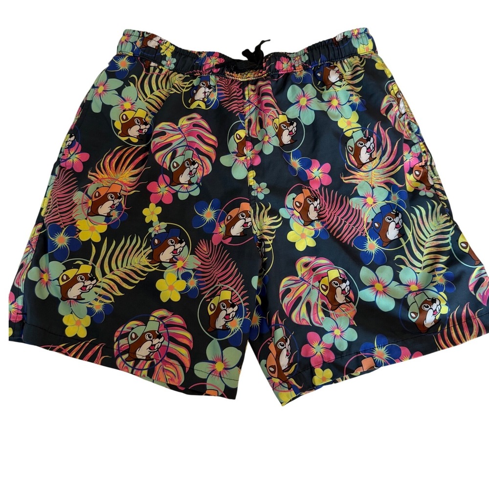 Buc-ee's Swim Trunks Mens Large Black Excellent Tropical Floral Mascot Shorts